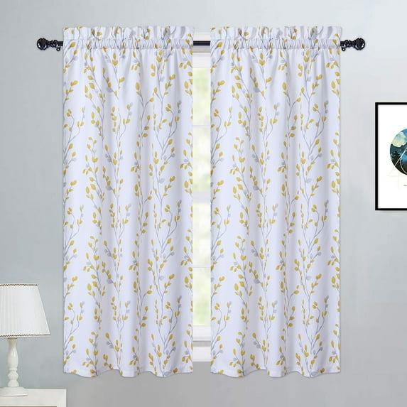 Haperlare Yellow Gray Kitchen Curtains 45 inches Long Tree Branch Cafe Curtains Home Decor Light Filtering Window Treatment Drapes, 2 Panels