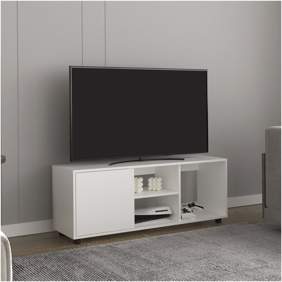 White Modern TV Stand with Cabinet and Open Shelves for Living Room