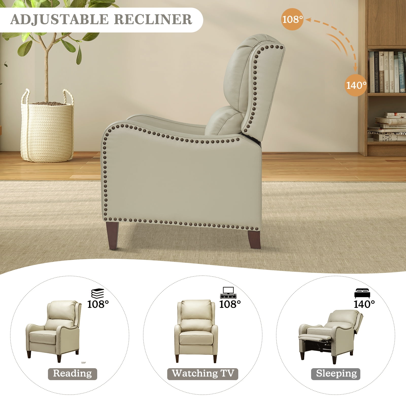 Genuine Leather Recliner Chair Push Back Upholstered Armchair Wingback Lounge Sofa Wood Leg Home Decor Living Room Beige