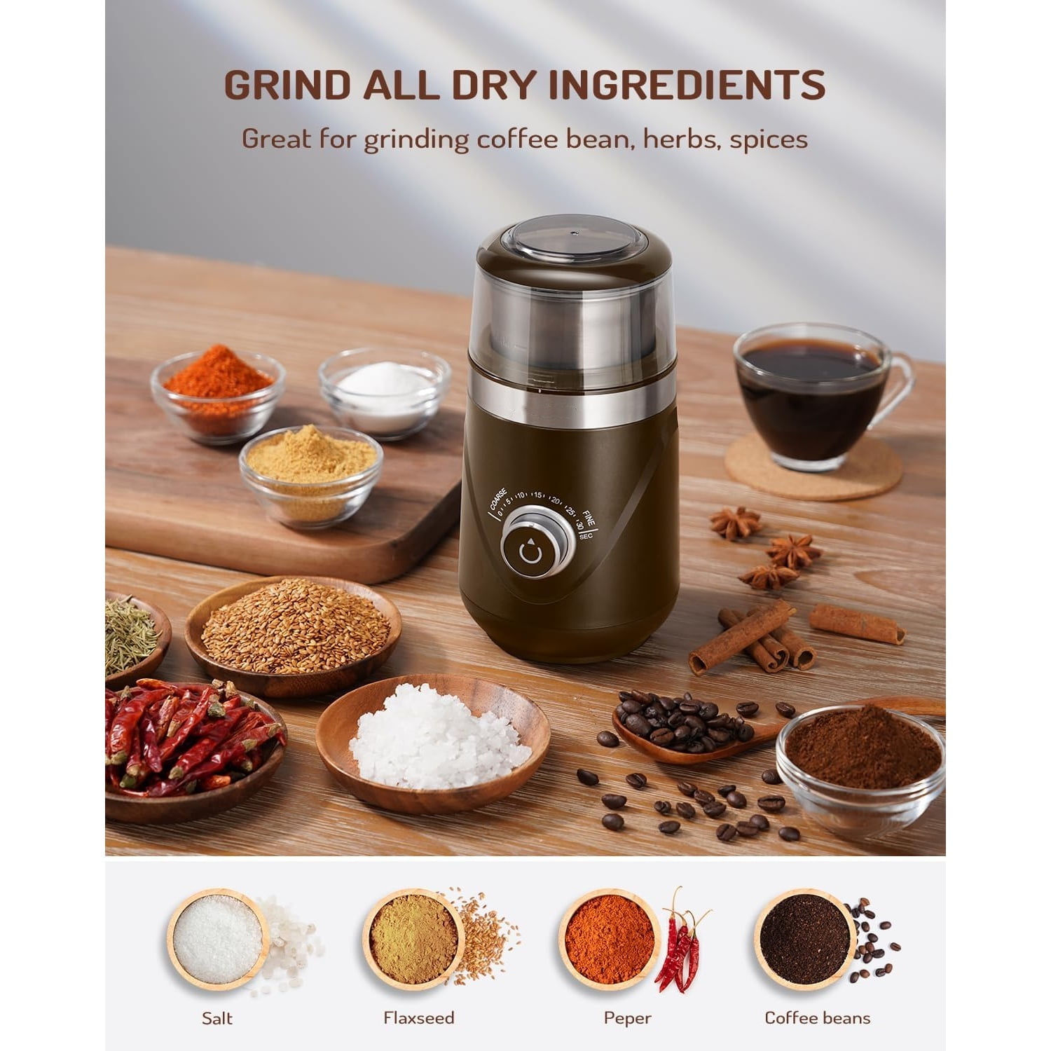 Electric Super Silent Blade Coffee Grinder, Timed Grind Control Rotary Knob, Adjustable Coarse to Fine for Coffee Beans, Spices & Herbs, with 1 Removable Stainless Steel Bowl, Brown