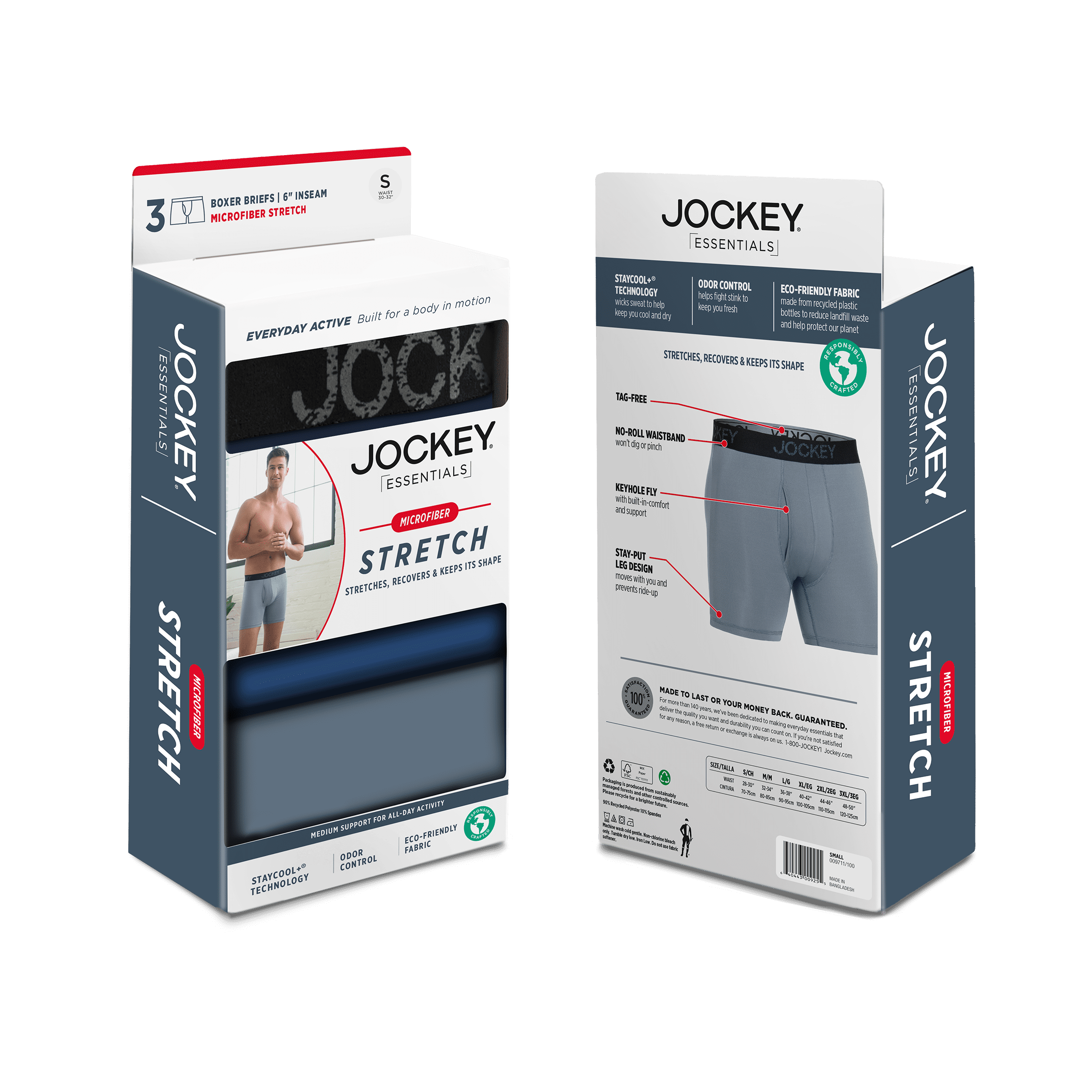 Jockey® Essentials Men's Microfiber Boxer Brief Underwear, Pack of 3, Moisture Wicking Boxer Brief, Workout Underwear, Sizes Small, Medium, Large, Extra Large, 2XL, 6804