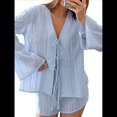 thumbnail image 3 of Pijama de Verano para Mujer, Conjunto de 2 Piezas con Cuello en V, Camisa de Larga A Juego y Pantalones Cortos Holgados de Cintura Alta. Azul L, 3 of 10