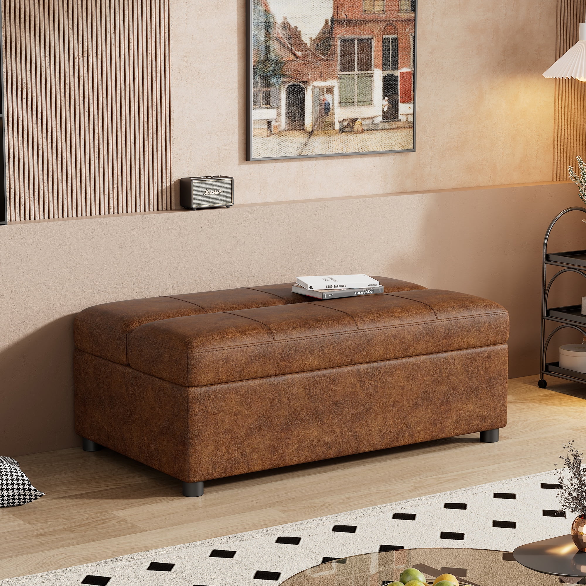 Euroco Twin Size Folding Ottoman Sleeper Bed with Mattress Convertible Guest Bed，Brown