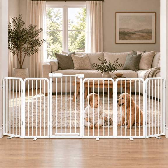 6-Panel Dog Gate with Door Freestanding Dual Lock Easy Open No Bend, 120in Adjustable for Doorway Stairs Metal