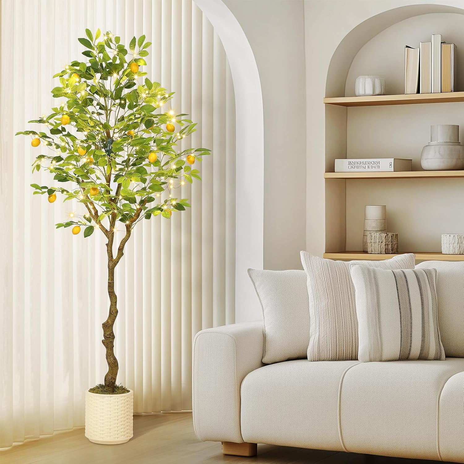 6FT Artificial Lemon Tree Indoor, Pre Potted Faux Lemon Tree with Realistic Fruit and Lifelike Leaves, Fake Lemom Plant with 100 Lights for Indoor Home Decor Office Living Room