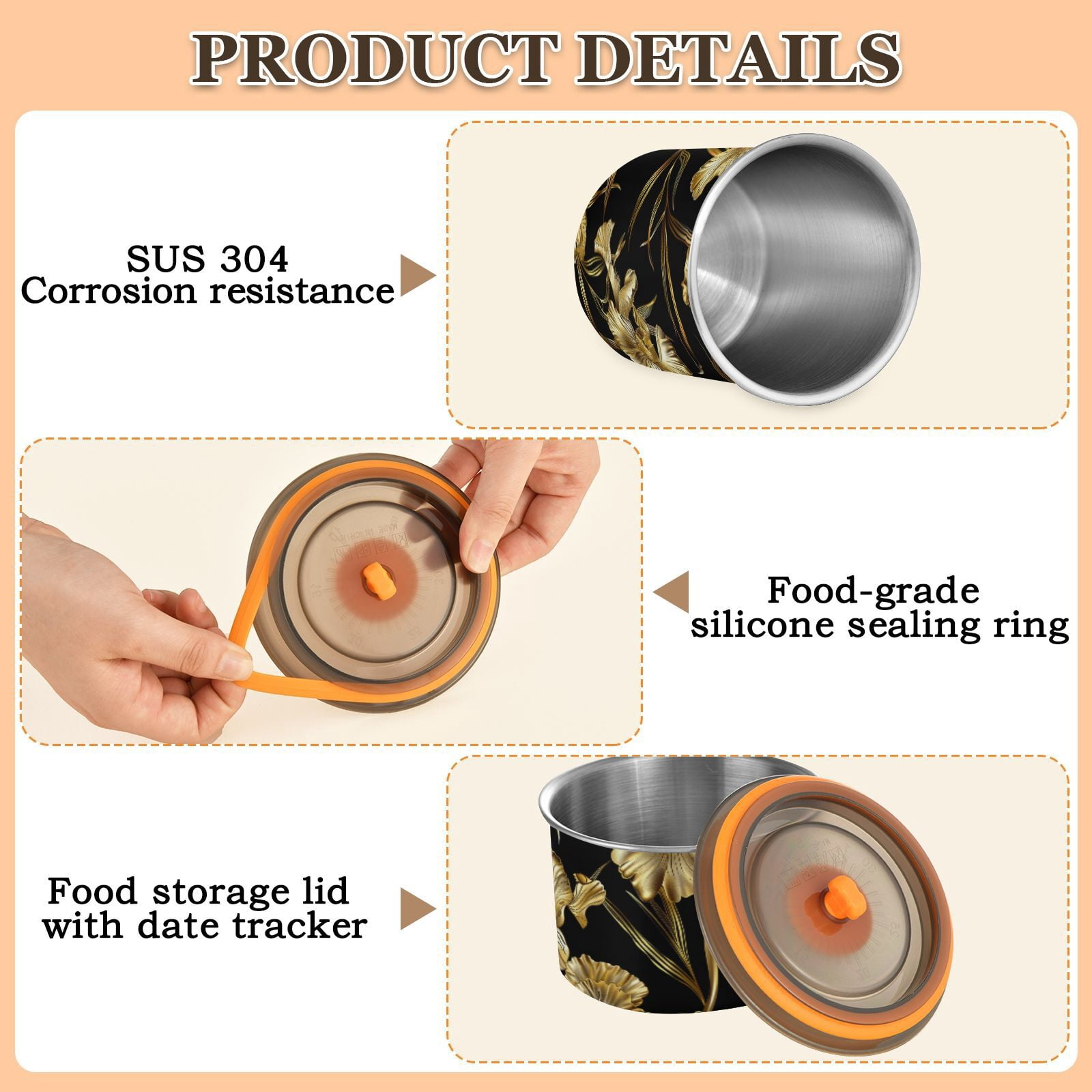 Gold Iris Flower Airtight Coffee Bean Canister 30oz Food Storage Containers with Lids For Gournd, Tea, Sugar, Flour, Rice, Cereal, Candy Cookie Jar