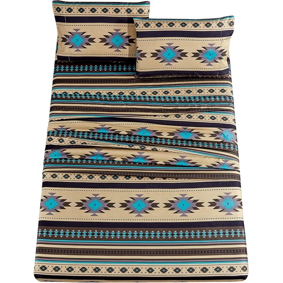 Chezmoi Collection 4-Piece Southwestern Geometric Multicolor Teal Beige Black Gray Sheet Set, King