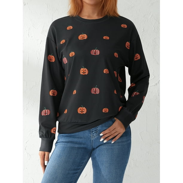 TRKIYQC Halloween Calabaza Pullover Sudaderas para Mujer Cuello Redondo Manga Larga Tops para Otoño TRKIYQC moda