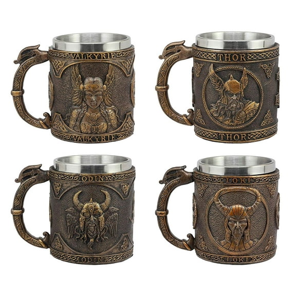 Ebros Set of 4 Norse Viking God Odin Alfather Valkyrie Thor Loki Coffee Mug 13oz