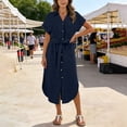 thumbnail image 2 of Admvng Womens Belted Shirt Dress Solid Collared Short Sleeve Side Slits Casual Comfy Dresses, 2 of 9
