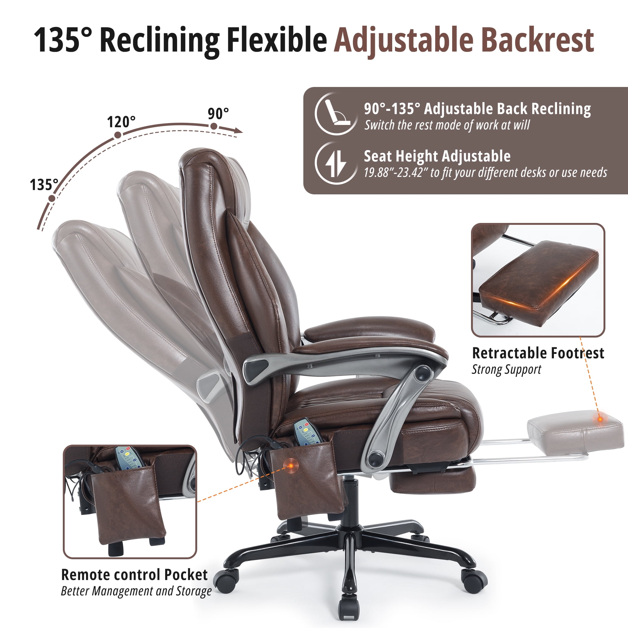 6-Point Massage Office Chair with Lumbar Support, Reclining Ergonomic Computer Desk Chair with Footrest for Full Support, PU Leather High Back Executive Computer Chair, Heated Executive Office Chair