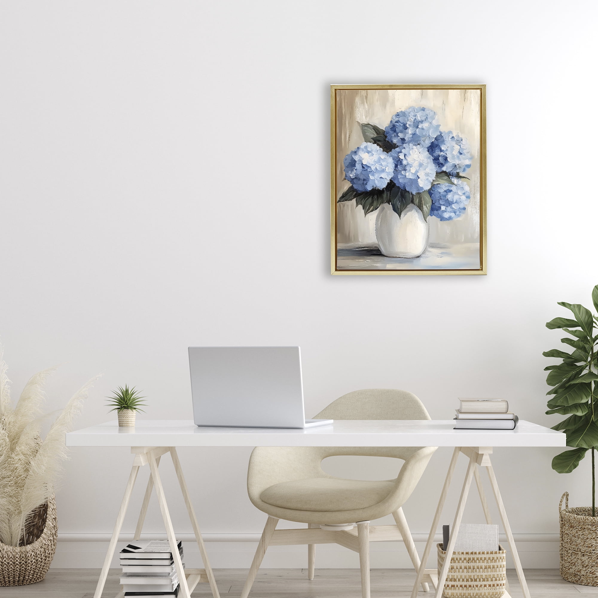 Stupell Industries Painted Hydrangeas in White Vase Gold Framed Floater Canvas Wall Art, design by Creative Studio