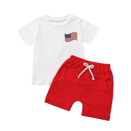 

Qtinghua 4th of July Infant Baby Boy Summer Clothes American Flag Short Sleeve T-Shirt Tops Shorts Set White Red 18-24 Months