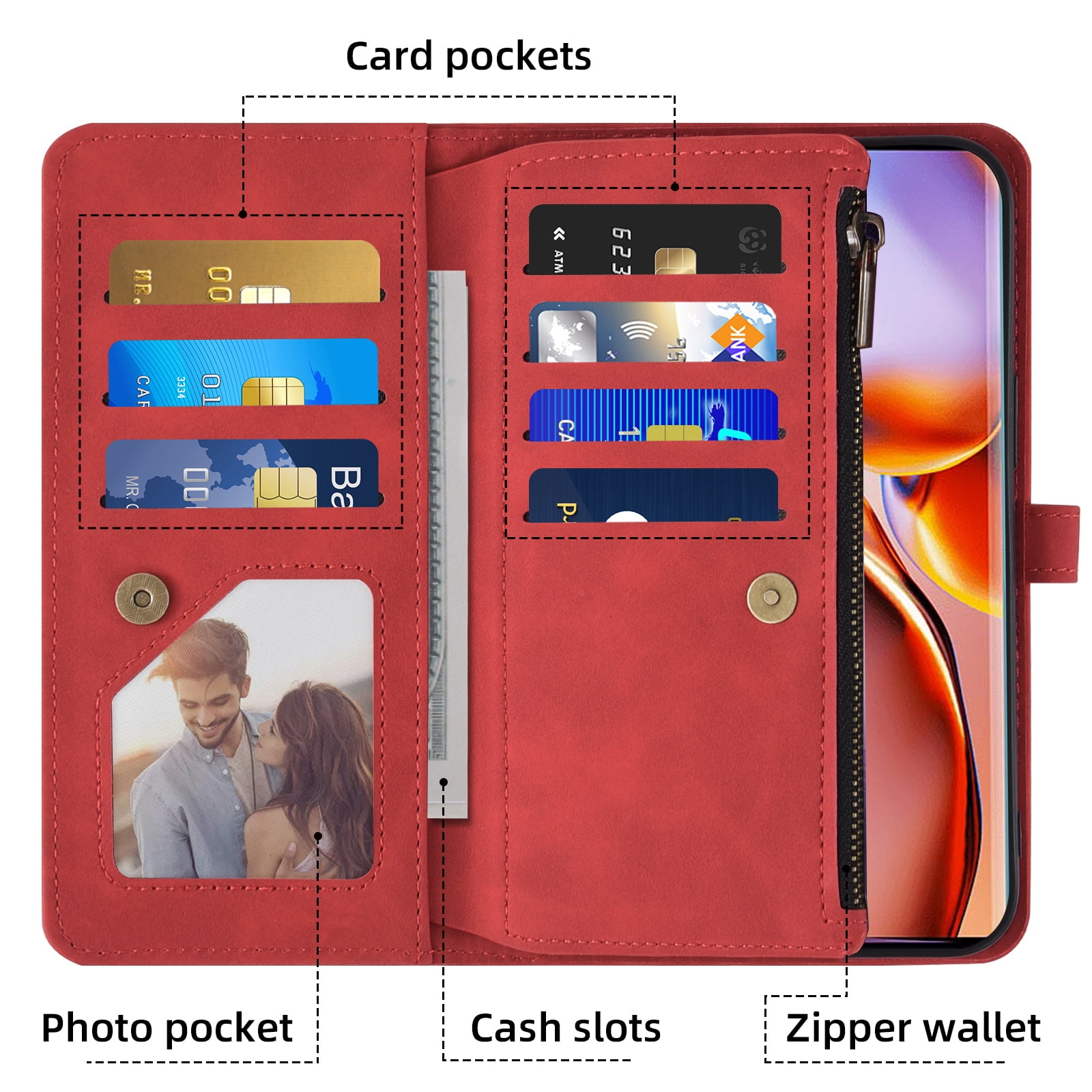 Asuwish Phone Case for Motorola Edge+ Plus 2023/Edge 40 Pro 5G/Moto X40 Wallet Cover With Tempered Glass Screen Protector Crossbody Wrist Strap Flip Pattern Zipper Credit Card Holder Cell X + Men Red