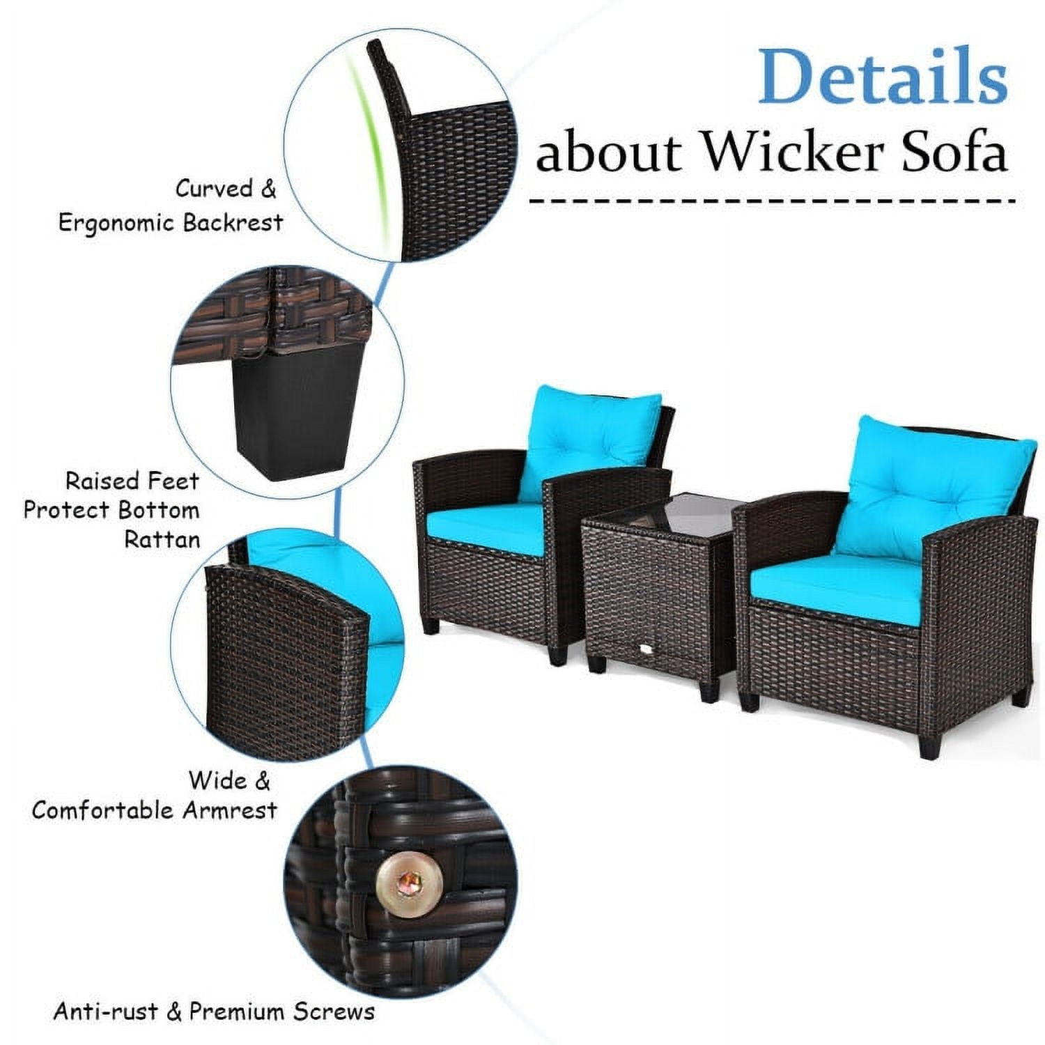 Aimee Lii 3 Pieces Wicker Patio Furniture Set, Coffee Table Cushioned Sofa, Modern Patio Furniture, Turquoise Aimee Lii 3 Pieces Wicker Patio Furniture Set, Coffee Table Cushioned Sofa, Modern Patio Furniture, Turquoise