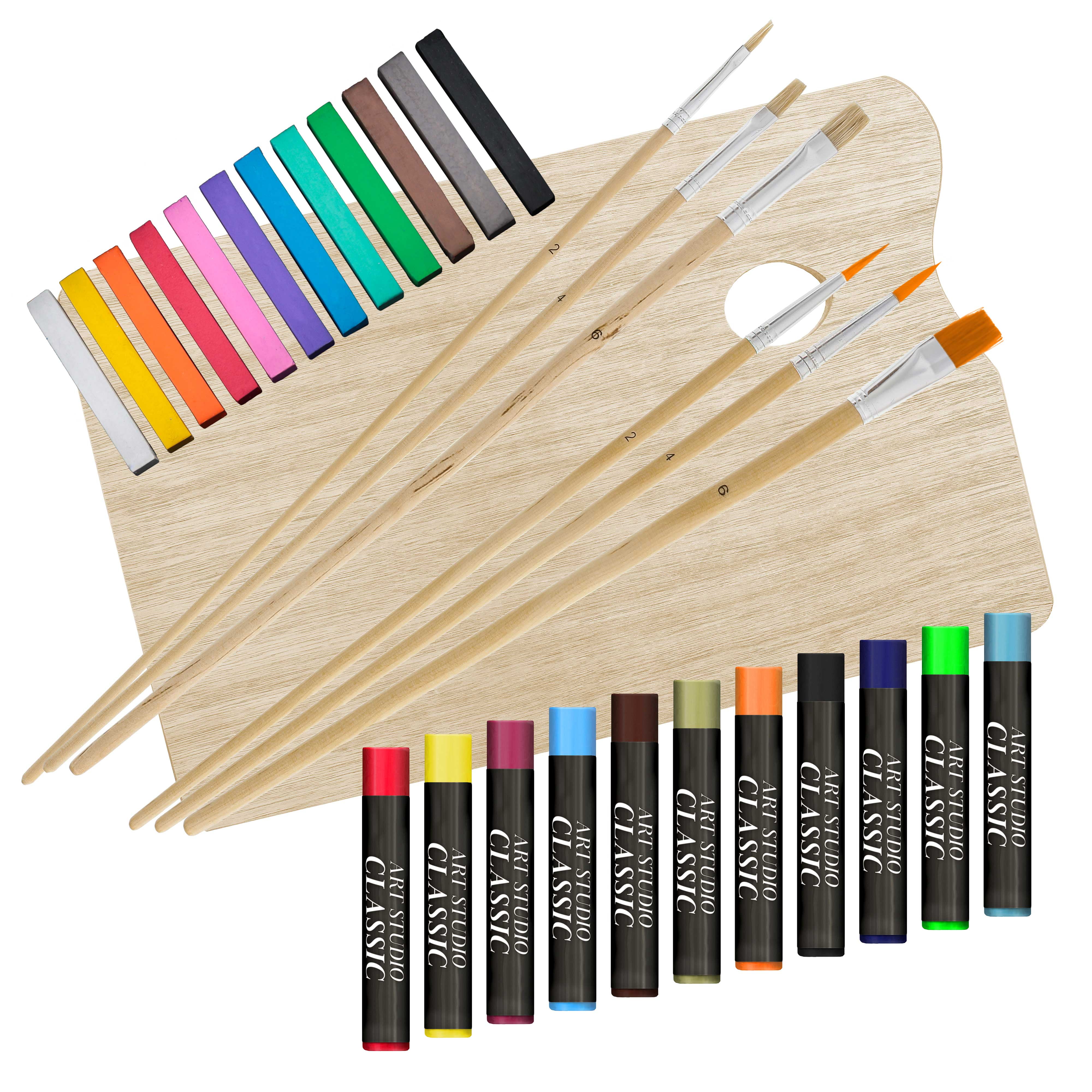 US Art Supply 13-Piece Artist Painting Set with 6 Vivid Oil Paint Colors,  12 Easel, 2 Canvas Panels, 3 Brushes, Wood Painting Palette - Fun Children