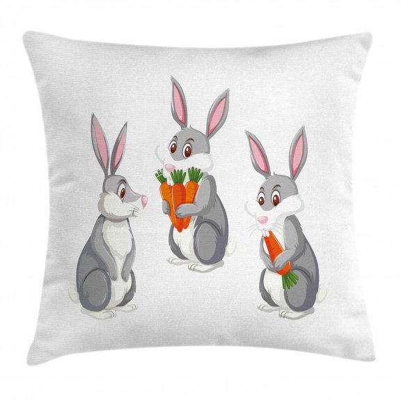 Easter Bunny Throw Pillow Cushion Cover, Funny Three Rabbits Cartoon for Holiday, Decorative Square Accent Pillow Case, 24" X 24", Pale Vermilion Pale Taupe Pale Pink Olive Green, by Ambesonne