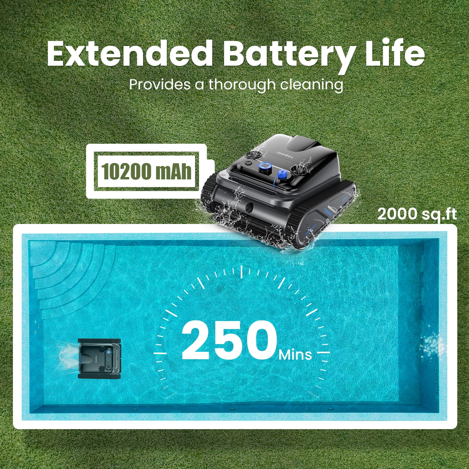 TASVAC Cordless Robotic Pool Cleaner, Wall Climbing Pool Vacuum for Inground Pools, Lasts up to 250 Mins, Ideal for Flat Above/In-Ground Pool up to 80 Feet/2000 Sq.Ft