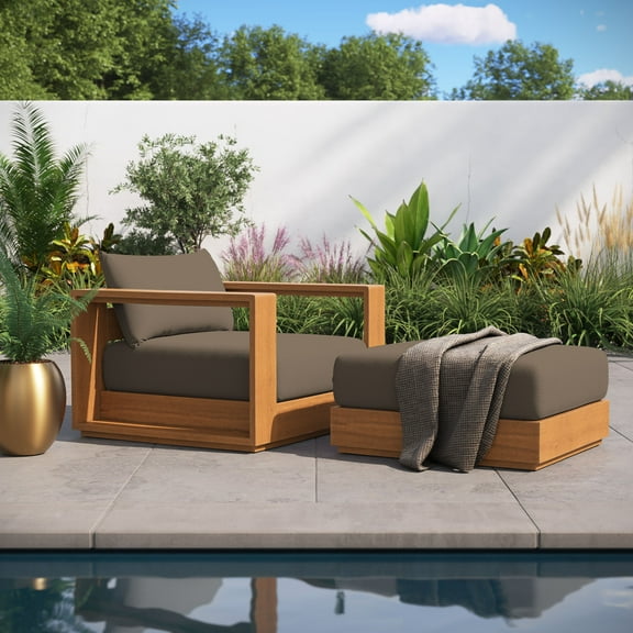 Modway Tahoe 2-Piece Outdoor Patio Acacia Wood Armchair and Ottoman Set in Natural Cocoa