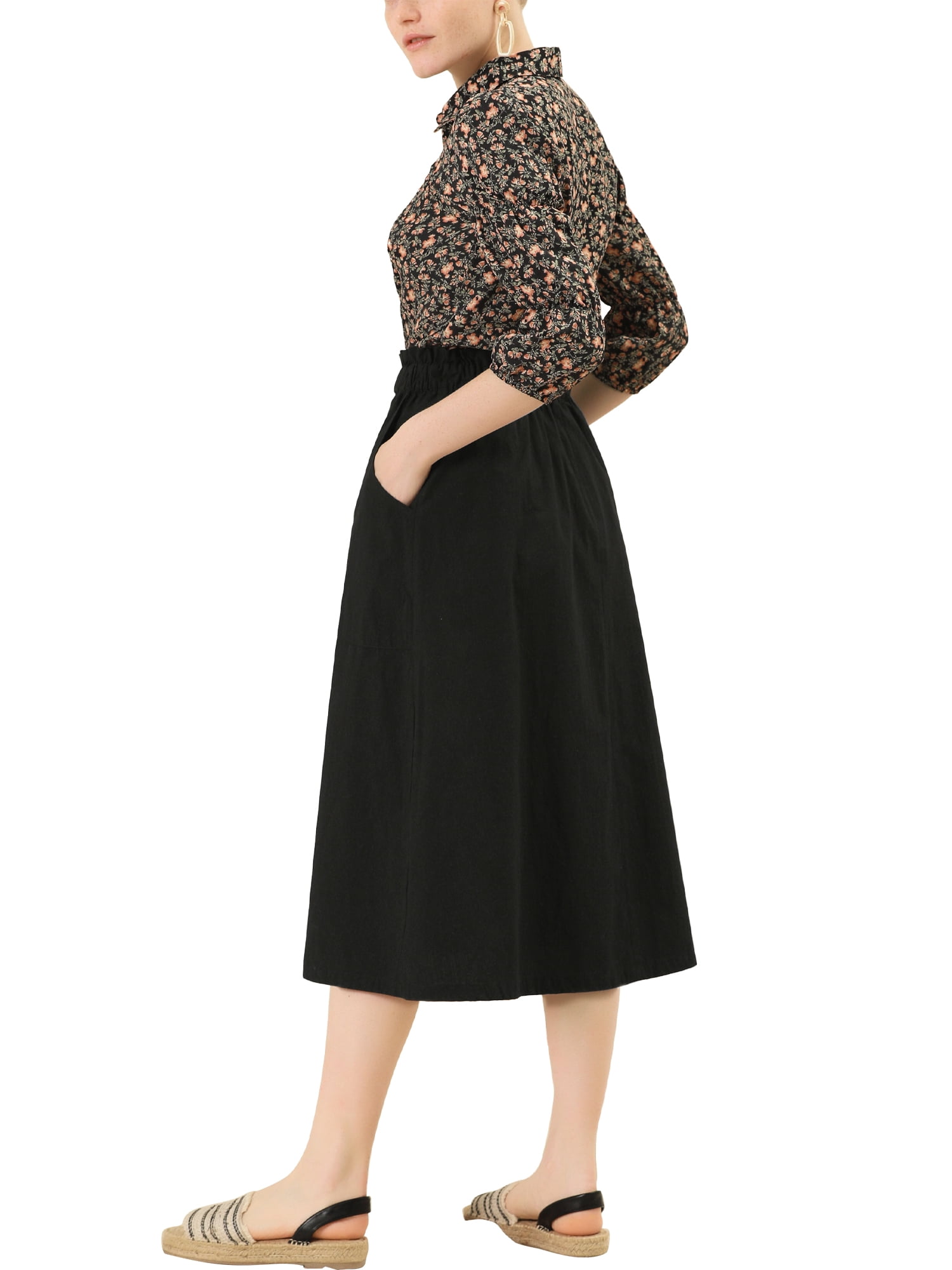 DARING DIVA Women's Cotton A-Line Midi Skirt with Pockets XS Black