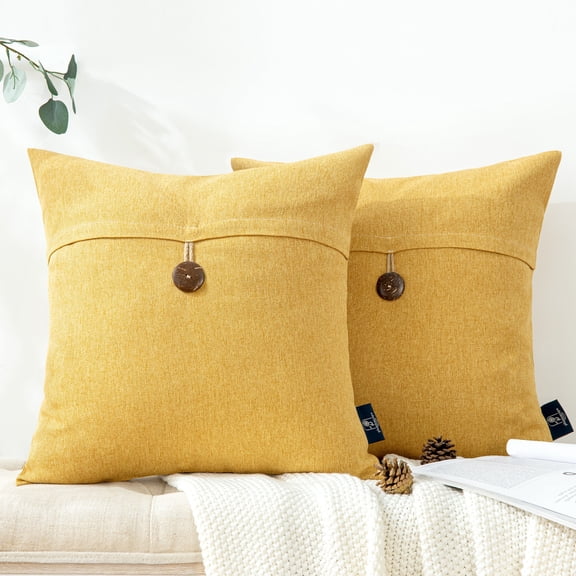 Single Button Series Decorative Throw Pillow Cover, Polyester pillow Cusion for Couch, 18" x 18", Yellow, 2 Pack