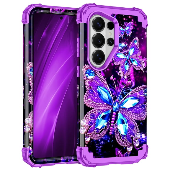 Casetego for Samsung Galaxy S26 Ultra 5G Case,Glow in The Dark Three Layer Heavy Duty Sturdy Shockproof Protection Rugged Hard PC Soft TPU Bumper Case for Galaxy S26 Ultra,Dark Purple Butterfly