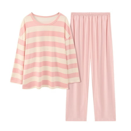 

Womens Pajamas Stripe Gradient Solid Color Imitation Cotton Long Sleeve Sleepwear