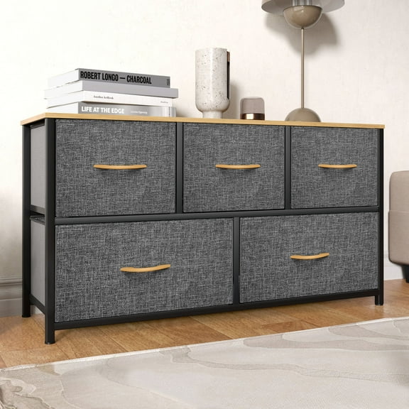 Uforic 5 Drawer Fabric Dresser, Wide Chest Of Drawers Long Storage Tower for , Closet, and Hallway Dark Gray