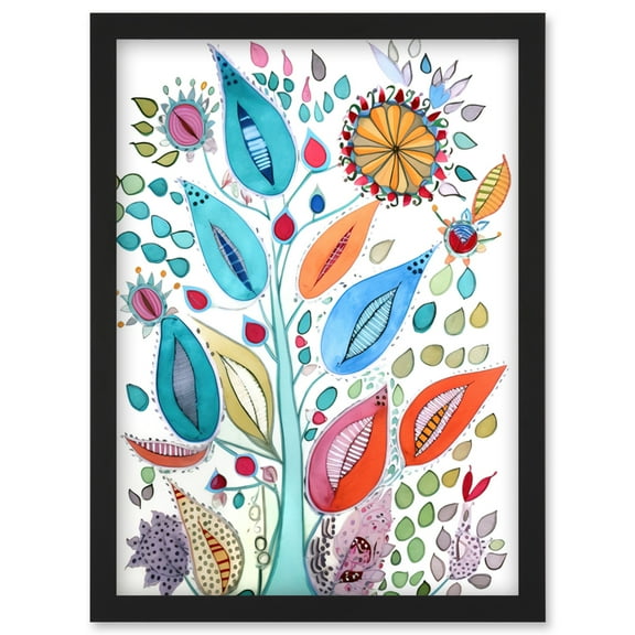 Embroidery Style Flowers Folk Art Watercolour Painting Artwork Framed Wall Art Print A4