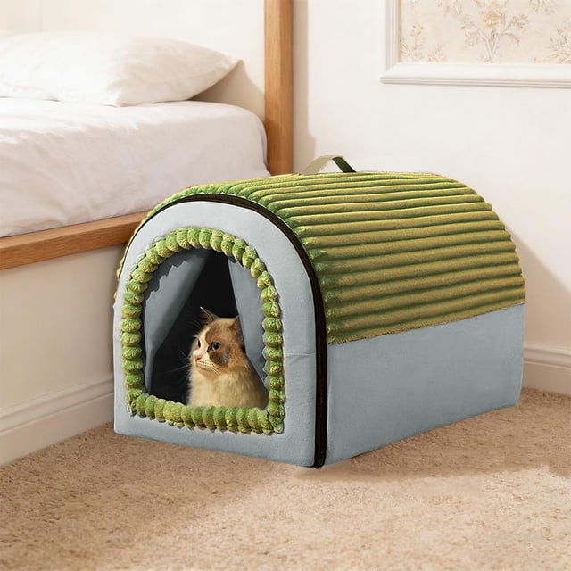 Maison pour Chat d'Intérieur avec Rabat de Porte, Lit Doux Couvert pour Chats et Chatons, Tapis Lavable, Cachette Toutes Saisons pour Animaux