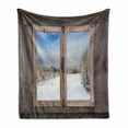 thumbnail image 1 of Rustic Soft Flannel Fleece Blanket, Winter Season Scene from a Wooden Window of Country House Snow Vintage Design, Cozy Plush for Indoor and Outdoor Use, 50" x 70", Umber White Blue, by Ambesonne, 1 of 6