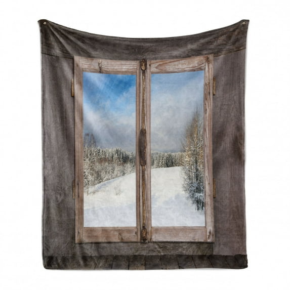 Rustic Soft Flannel Fleece Blanket, Winter Season Scene from a Wooden Window of Country House Snow Vintage Design, Cozy Plush for Indoor and Outdoor Use, 50" x 70", Umber White Blue, by Ambesonne