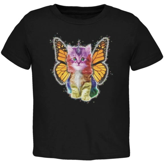 Rainbow Butterfly Unicorn Kitten Black Toddler T-Shirt - 4T