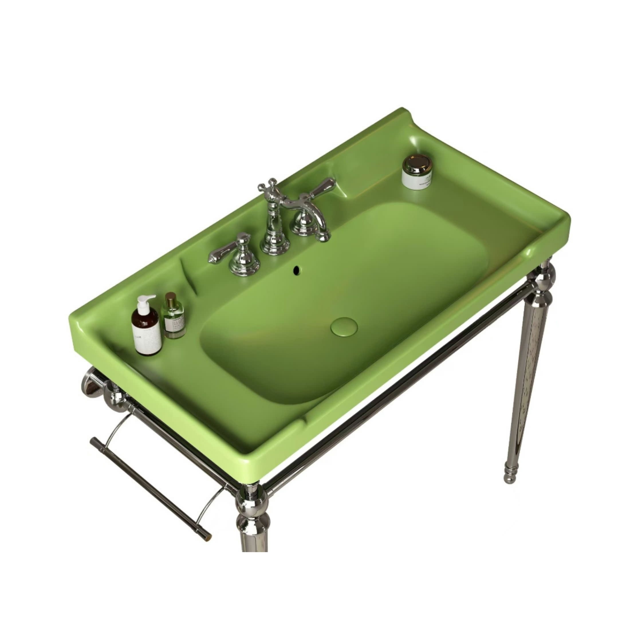 Noble House Vici 36" Bathroom Ceramic Basin Sink, 3 Faucet Holes with Wide Countertop Deck Toiletries Storage, Green