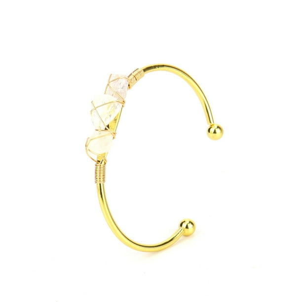 Nvzi Pulsera de cuentas hecha a mano, adecuada, pulsera de alambre de metal envuelto en cristal de piedra cruda natural (blanco)