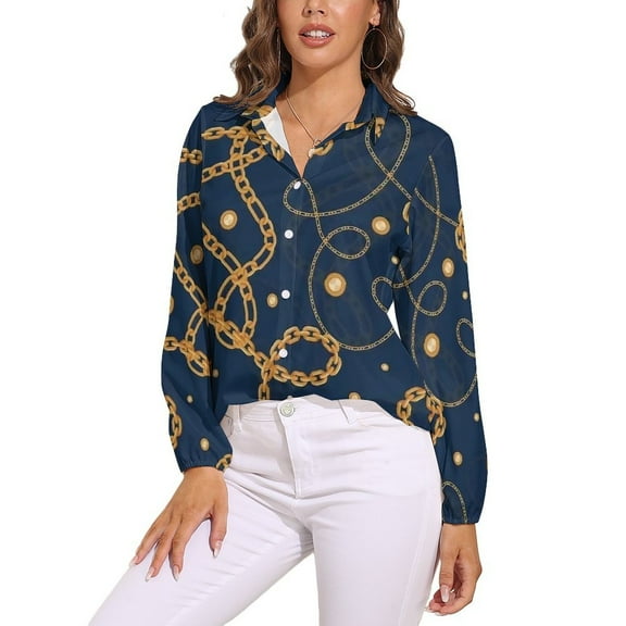 Chain Print Long Sleeve Blouse Woman Streetwear Casual Shirts Summer Oversize Woman Streetwear Clothing Birthday Present