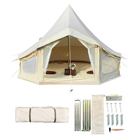 Yiwa 13.1FT Canvas Bell Tent for 4-6 People Family Camping in All Seasons with 2 Stove Jack & 4 Mesh Zippers Windows Breathable Waterproof(4m)