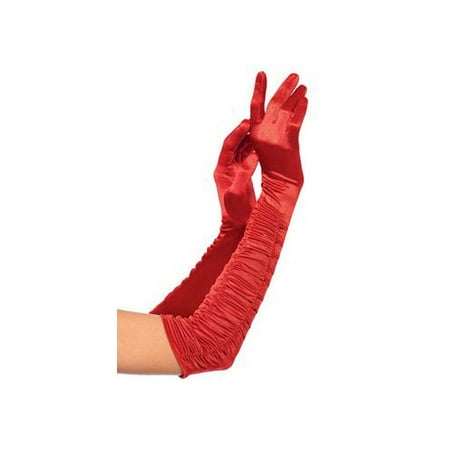 Women's Opera Length Ruched Satin Gloves, Red, One Size