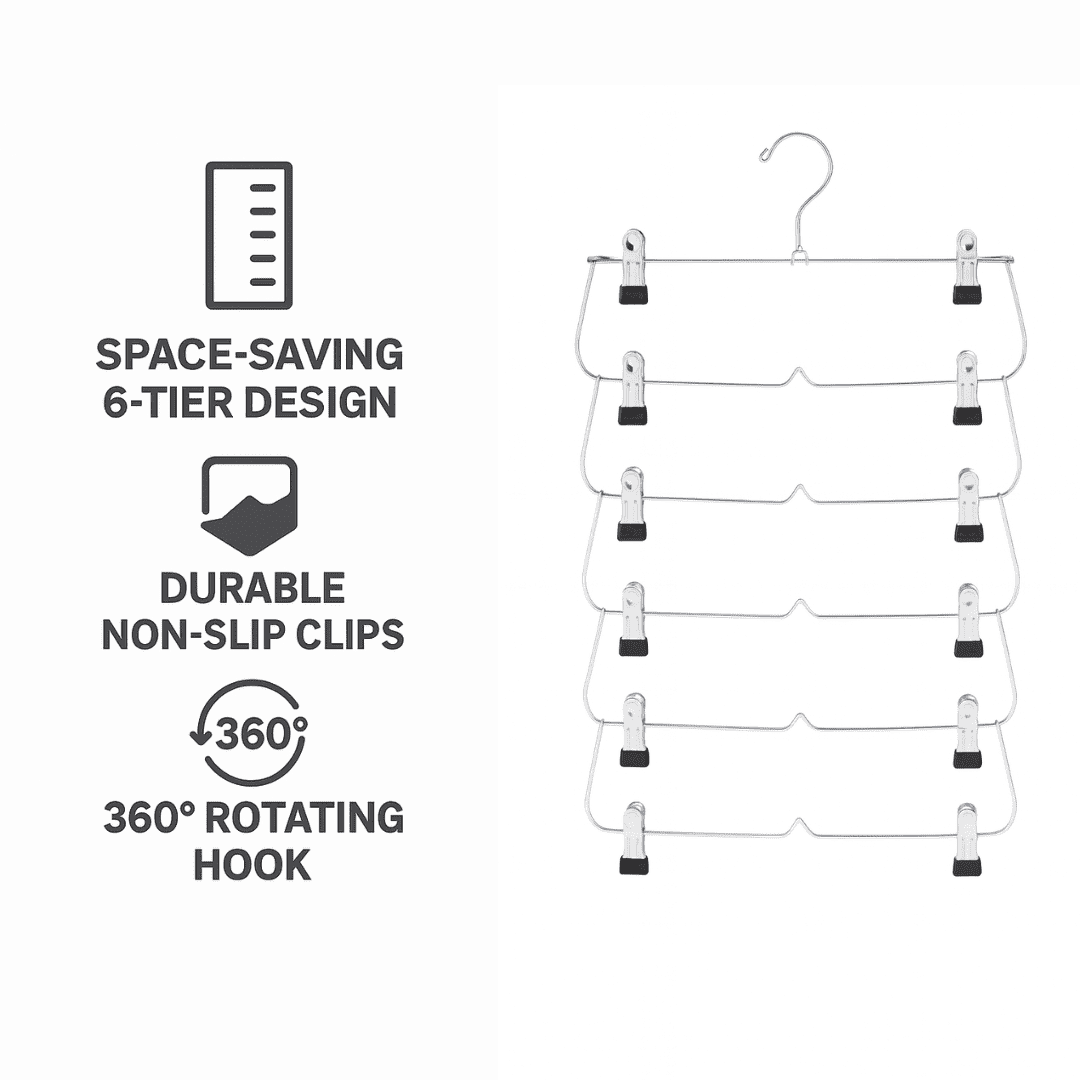 USTECH 3 Pack – 6-Tier Skirt Hangers with Clips, Space-Saving Closet Organizer for Pants, Shorts, Skirts, and Leggings, Durable Metal Hangers with 360° Rotating Hook