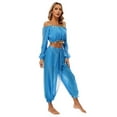 thumbnail image 4 of TiaoBug Womens Belly Dance Costume Long Sleeve Off Shoulder Crop Top+Sequined Dots Chiffon Pants Set Sky Blue One Size, 4 of 6