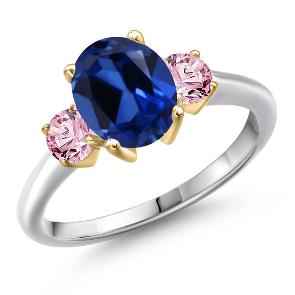 Gem Stone King 10K Two Tone Gold Blue Created Sapphire and Pink Lab Grown Diamond Engagement Ring for Women | 2.80 Cttw | Oval 9X7MM | Gemstone September Birthstone | Size 6