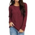 thumbnail image 2 of Camisa informal holgada para mujer para el trabajo y citas, cuello redondo, talla S, hombros descubiertos, manga larga, color rojo vino, 2 of 6