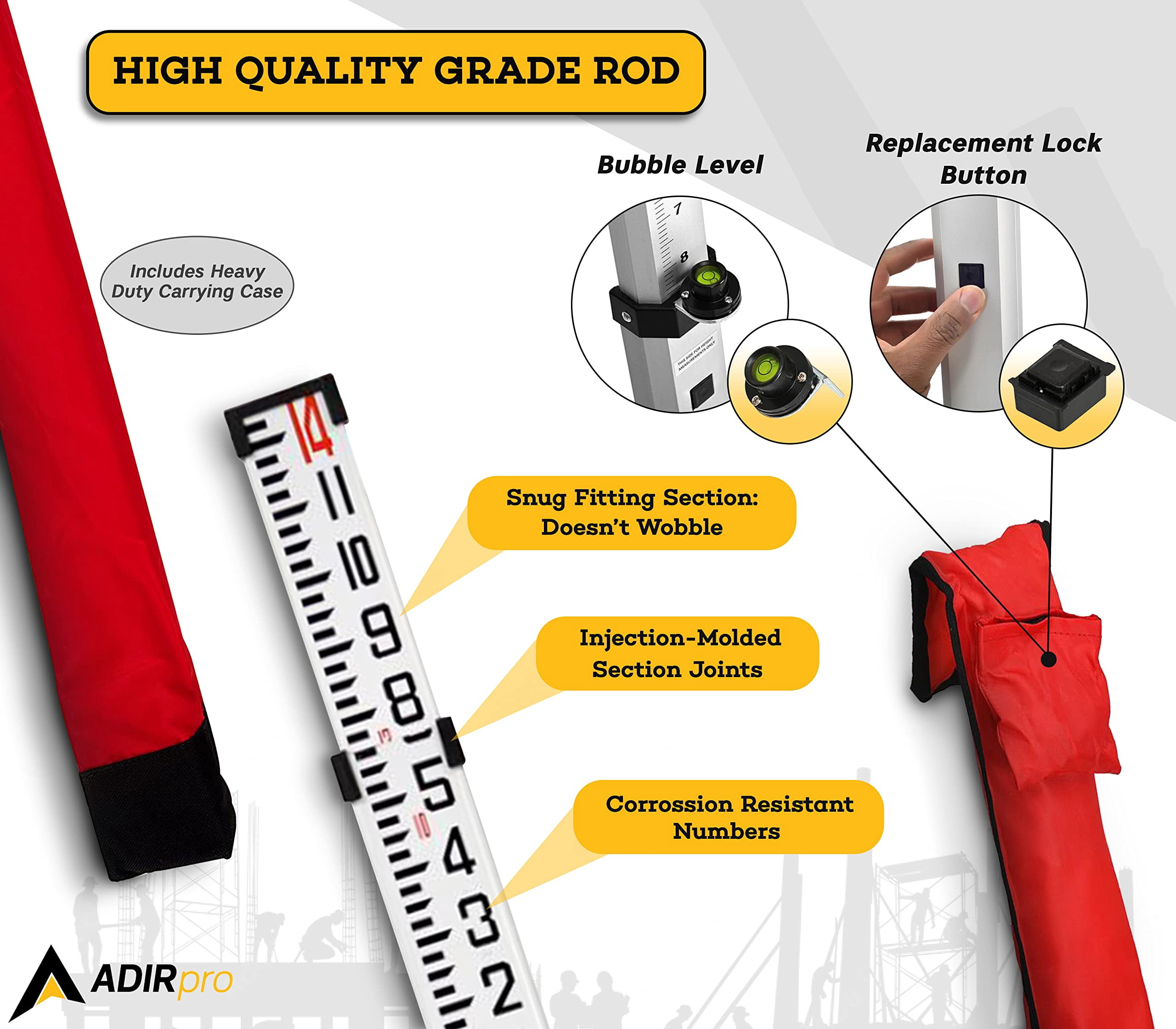 AdirPro 14-Foot Aluminum Grade Rod – 8ths, Dual Sided 5-Section Telescopic Leveling Rod – Bubble Level and Soft Carrying Case Included