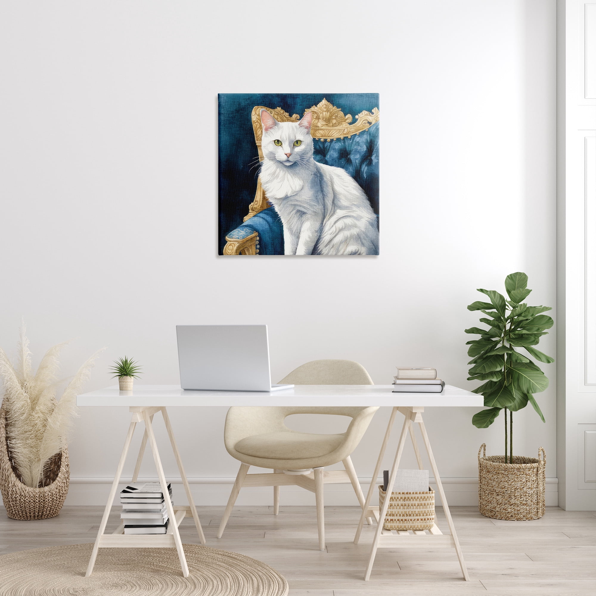 Stupell Industries White Cat & Ornate Chair Animals & Insects Painting Gallery Wrapped Canvas Art Print Wall Art, 30 x 30