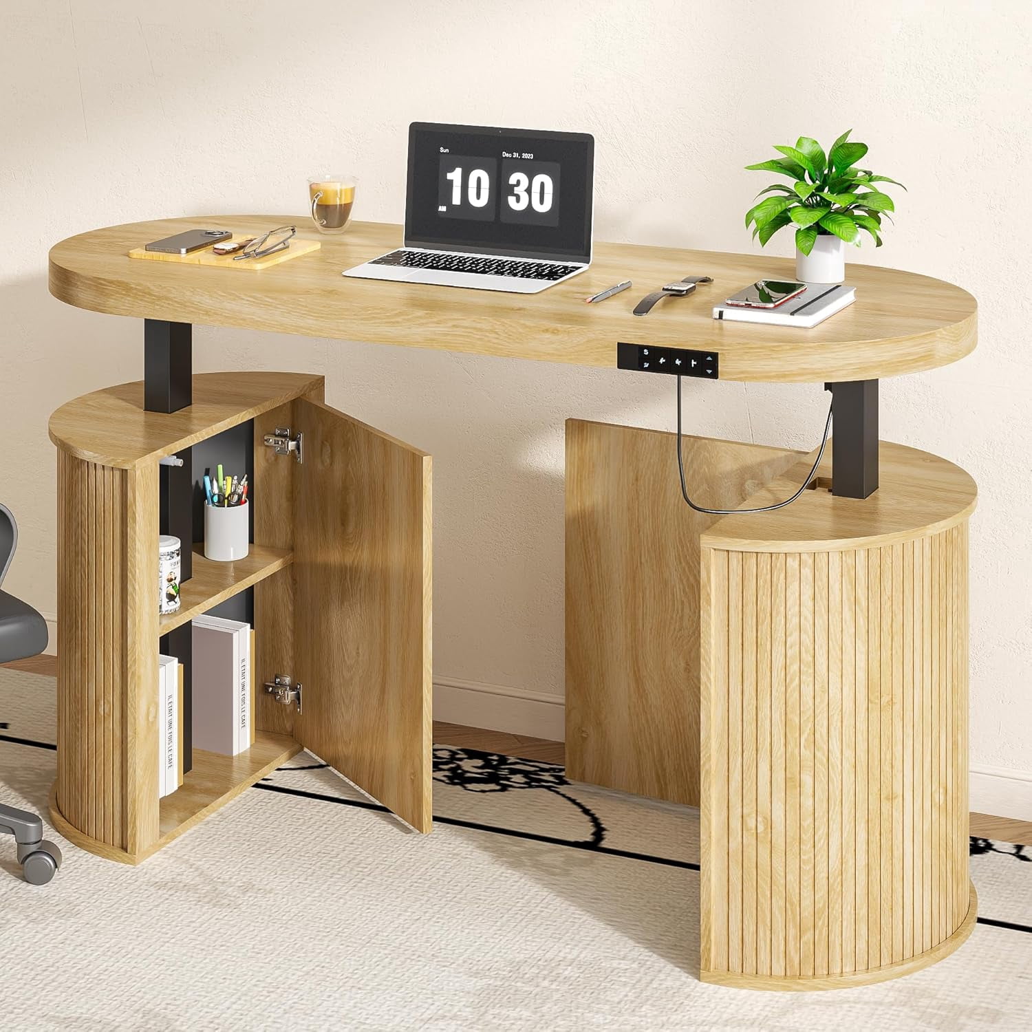 Modern Electric Standing Desk, Height Adjustable Computer Desk for Home Office, Laptop, Wood Color