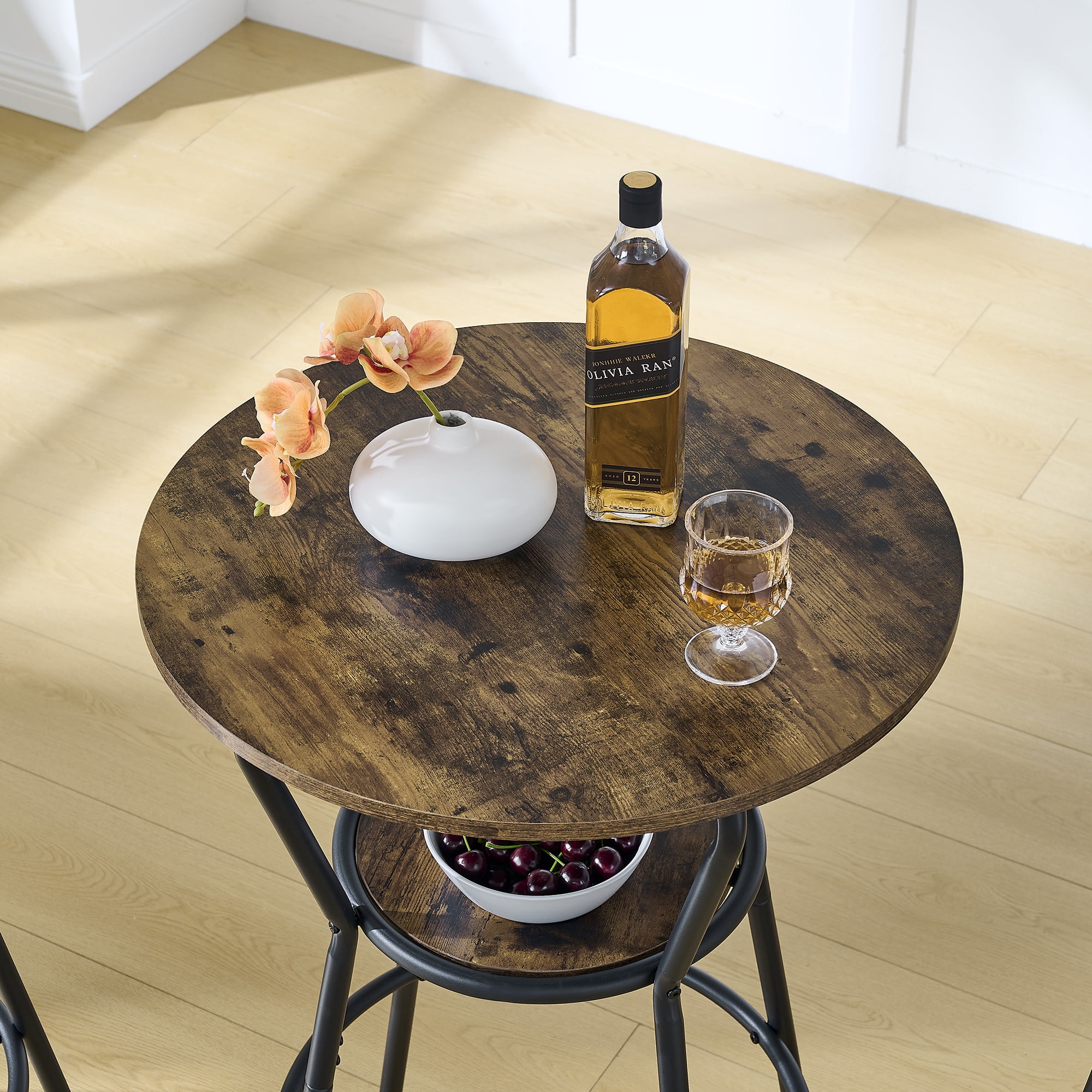 HOQBN 3-Piece Bar Table Set,Round Counter Height Table and PU Upholstered Stools with Backrest, Industrial Counter Height Dining Table and Chairs for Kitchen Breakfast,Brown