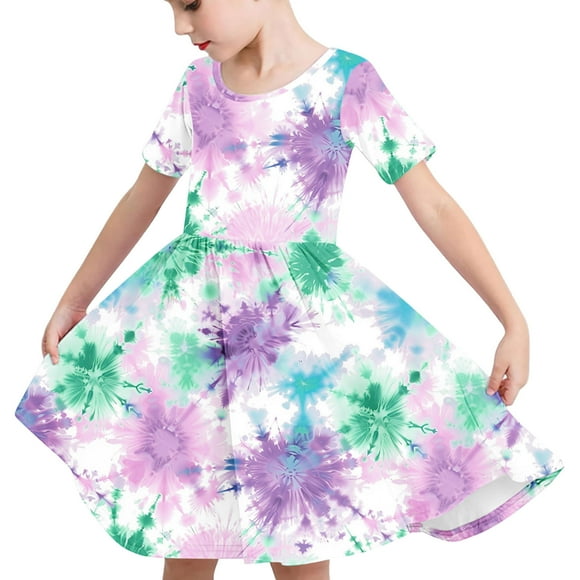 Odeerbi Niñas Gradiente Tie-Dye Skater Vestido Verano Flamed Swing Vestido Niños Manga Corta Elástico Vestido de Una Línea