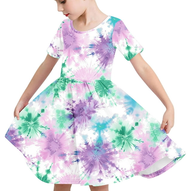 Odeerbi Niñas Gradiente Tie-Dye Skater Vestido Verano Flamed Swing Vestido Niños Manga Corta Elástico Vestido de Una Línea