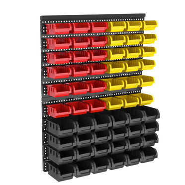 60pcs Heavy Duty Wall Mounted Storage Bins Organizer - Red/Yellow/Black Stackable Garage Tool Organizer with 4 Pegboards for Screws, Nuts, Bolts, Small Parts & Hardware - Durable Workshop Storage Sol