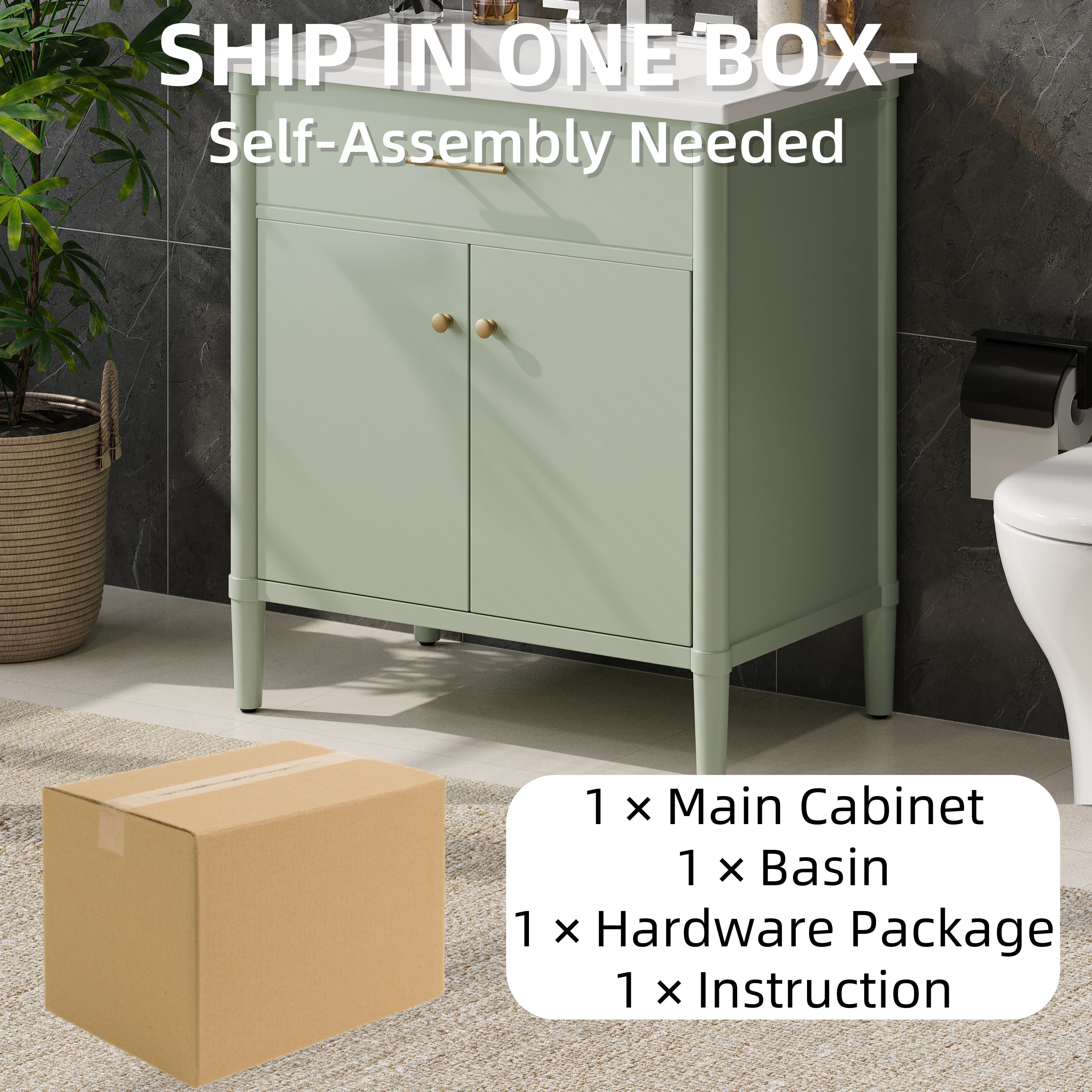 Euroco 31" Bathroom Vanity with Sink, Bathroom Cabinet with Soft Close Doors and Adjustable Shelf, Curved Profile Design, Rubber Wood Legs, Green